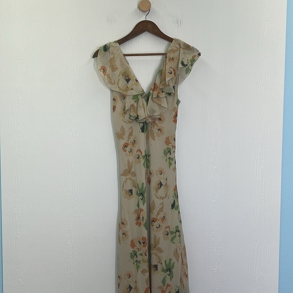 Polo Ralph Lauren - Beige Pastel Floral Ruffle V Neck Sleeveless Maxi Dress SZ 8 - Picture 10 of 12